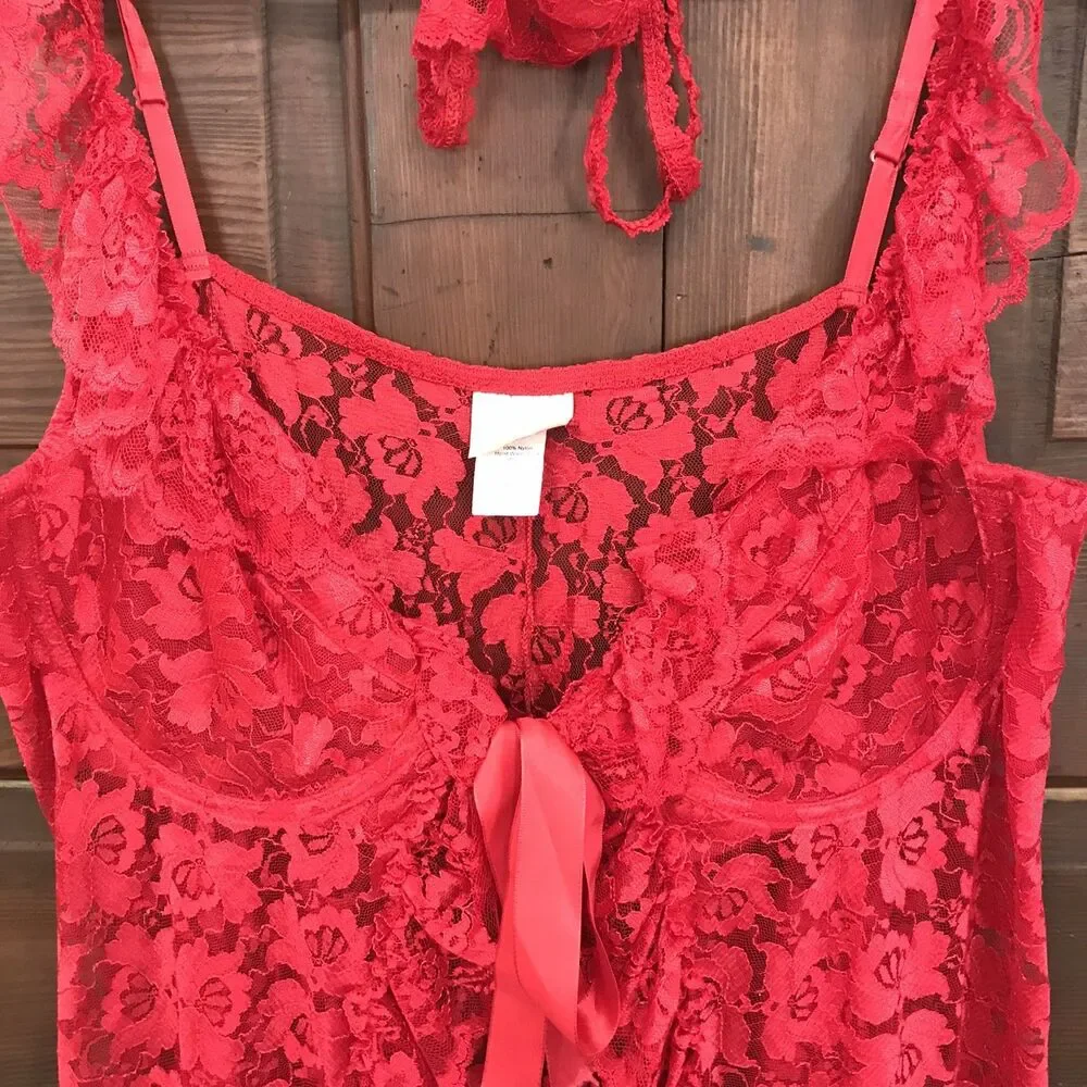 Red Lace Gown Lingerie Thong Bottoms XXL 2X Romantic Boudoir Sheer Floral